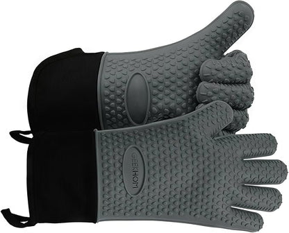 GEEKHOM BBQ Gloves Heat Resistant Oven Mitts - Silicone Grilling Gloves with 14" Long Arm Protection - Waterproof Pot Holder Non-Slip for Men & Women, Kitchen Cooking, Baking, Camping, Gray