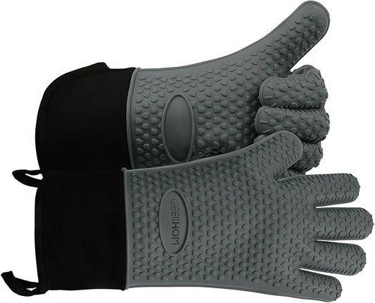 GEEKHOM BBQ Gloves Heat Resistant Oven Mitts - Silicone Grilling Gloves with 14" Long Arm Protection - Waterproof Pot Holder Non-Slip for Men & Women, Kitchen Cooking, Baking, Camping, Gray