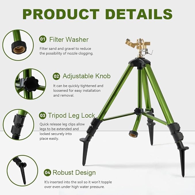THUNDERBAY Impact Sprinkler on Tripod Base, Heavy-Duty sprinklers Provide 360-degree Spray Coverage Large Yard Garden Lawn Areas, 3/4 Inch Connector Extension Legs Flip Locks with Brass Head, 1 Pack