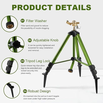 THUNDERBAY Impact Sprinkler on Tripod Base, Heavy-Duty sprinklers Provide 360-degree Spray Coverage Large Yard Garden Lawn Areas, 3/4 Inch Connector Extension Legs Flip Locks with Brass Head, 2 Pack