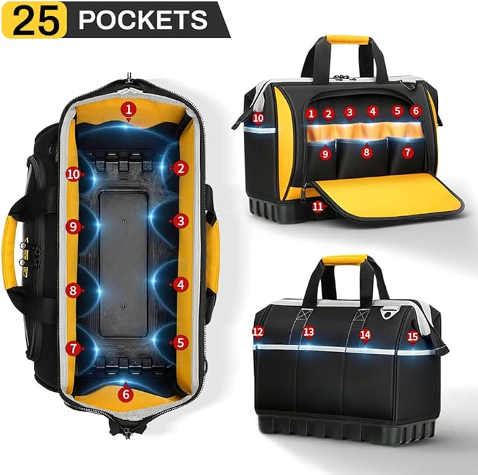 Large Tool Bag, Professional Tool Tote Hard Bottom, Multi-Pocket Storage with Shoulder Strap, Black and Yellow (Yellow & Black, 18 inch)