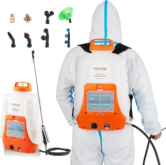 VEVOR Battery Powered Backpack Sprayer, 0-90 PSI Adjustable Pressure, 4 Gallon Tank, Back Pack Sprayer with 8 Nozzles and 2 Wands, 12V 8Ah Battery, Wide Mouth Lid for Weeding, Spraying, Cleaning