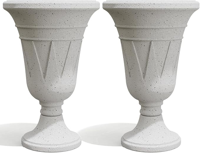 Tall Plastic Urn Planters for Outdoor Plants Set of 2-23.6" H Classic Trophy Design Indoor Large Flower Pots with Drainage Holes, Outdoor Planters for Porch Decor/Garden Vase, White