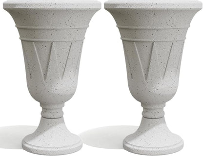 Tall Plastic Urn Planters for Outdoor Plants Set of 2-23.6" H Classic Trophy Design Indoor Large Flower Pots with Drainage Holes, Outdoor Planters for Porch Decor/Garden Vase, White