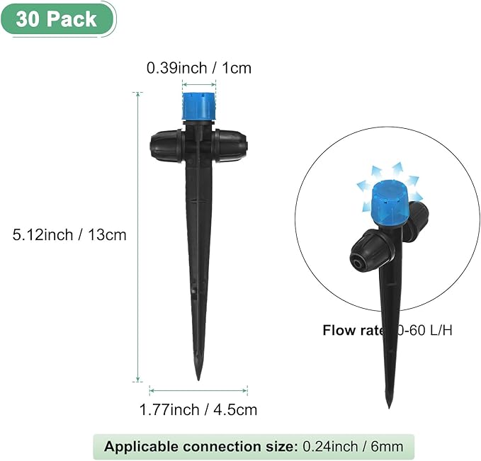 30-Pack Drip Irrigation Emitters Sprayers, Drippers on 5"/13mm Stake Adjustable 360 Degree Water Flow 8 Holes for 1/4" Drip Irrigation Tubing for Watering System [Blue, Drip]