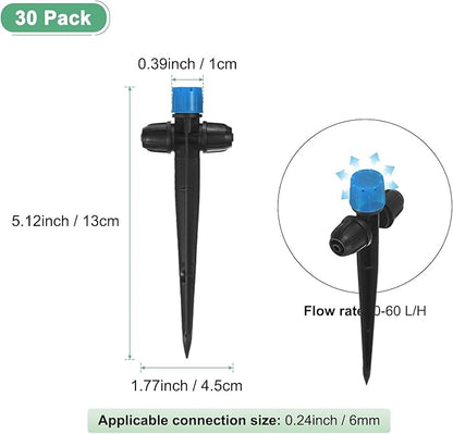 30-Pack Drip Irrigation Emitters Sprayers, Drippers on 5"/13mm Stake Adjustable 360 Degree Water Flow 8 Holes for 1/4" Drip Irrigation Tubing for Watering System [Blue, Drip]