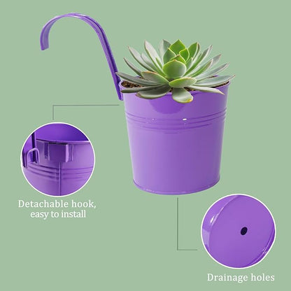 6 Inch Hanging Planters for Outdoor Plants, 10 Pack Metal Railing Planter, Rail Balcony Fence Flower Pot with Detachable Hooks, Colorful Garden Decor (Multi-Color, Pack of 10)