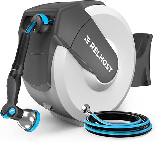 Retractable Garden Hose Reel 65 ft x 1/2 in, Heavy Duty Hose Reel Wall Mount with Any Length Lock, Auto Rewind System, 180° Swivel Bracket, 10-Pattern Garden Hose Nozzle, White & Grey