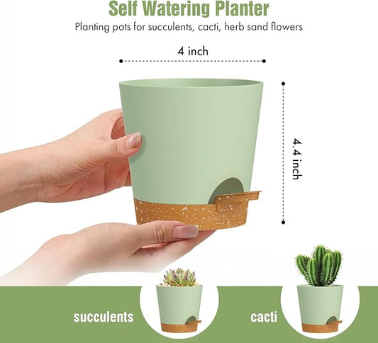 4 inch Self Watering Pots for Indoor Outdoor Plants, 6 Pack Plastic Flower Planters with Drainage Holes and Removable Saucers, Plant Pots with Wicking Rope, Modern Decor, Green Brown