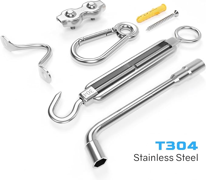 NEREUS String Light Hanging Kit with 200 Ft Vinyl Coated 304 Stainless Steel Cable, String Light Suspension Kit, Guide Wire with Turnbuckles and Hooks for Patio, Backyard Lighting Accessories