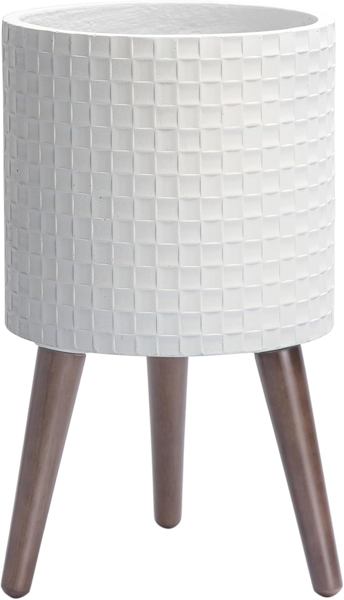 D'vine Dev 10 Inch Modern Geometric Tile Patterned Sleek Planter Pot with Stand, Indoor Outdoor Decorative Plant Holder, Matte White, 88-Z-B-1