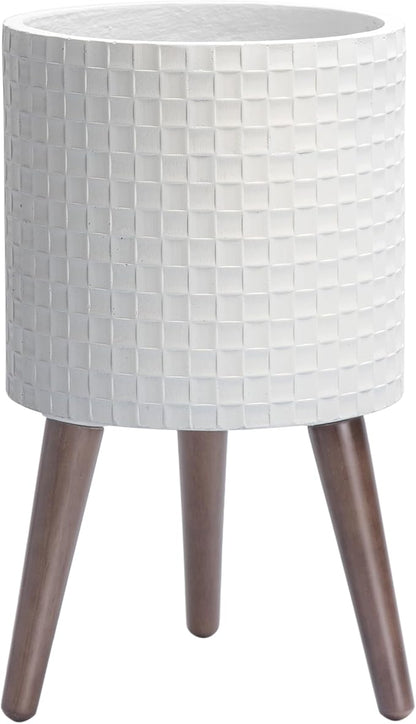 D'vine Dev 10 Inch Modern Geometric Tile Patterned Sleek Planter Pot with Stand, Indoor Outdoor Decorative Plant Holder, Matte White, 88-Z-B-1