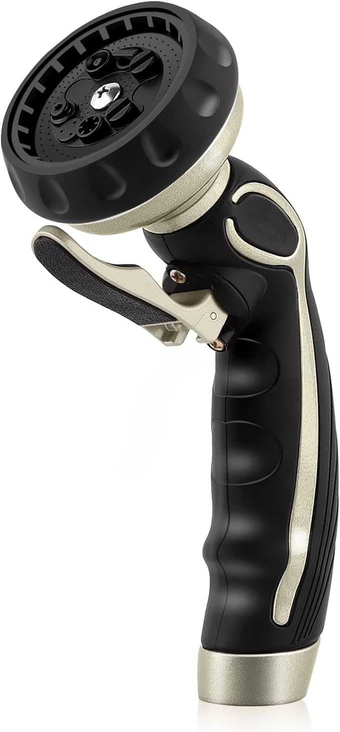 RESTMO Hose Nozzle with Easy Self-Lock Trigger, Heavy Duty Metal Water Hose Sprayer with 9 Spray Patterns and On/Off Valve, Ideal for Outdoor Lawn & Garden Watering, Car & Pet Washing