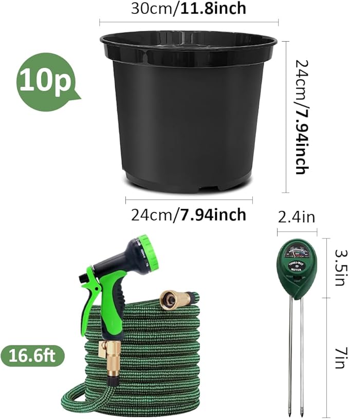 5 Gallon Nursery Pots (10-Pack) + 50ft Garden Hose with Spray Nozzle + 3-in-1 Soil Tester for Moisture/Light/pH | All-in-One Gardening Kit for Indoor/Outdoor Plants, Gardening Gifts for Women