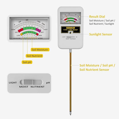 SONKIR Soil Moisture Meter, 4-in-1 Soil Ph Meter, Soil Tester for Nutrients, Moisture, PH and Light, Soil Ph Test Kits for Plant, Great for Garden, Lawn, Indoor & Outdoor Use (No Battery Required)