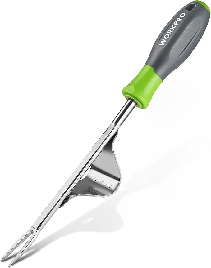 WORKPRO Weed Puller Tool, Metal Leverage Base and V-Shaped Forks for Easy Weed Removal & Deeper Root Digging, Heavy Duty Stainless Steel with Soft Handle, Manual Hand Weeder for Gardening