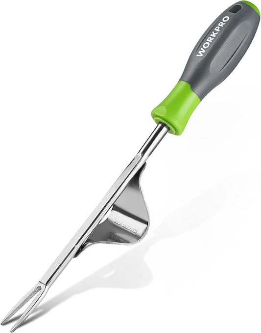 WORKPRO Weed Puller Tool, Metal Leverage Base and V-Shaped Forks for Easy Weed Removal & Deeper Root Digging, Heavy Duty Stainless Steel with Soft Handle, Manual Hand Weeder for Gardening