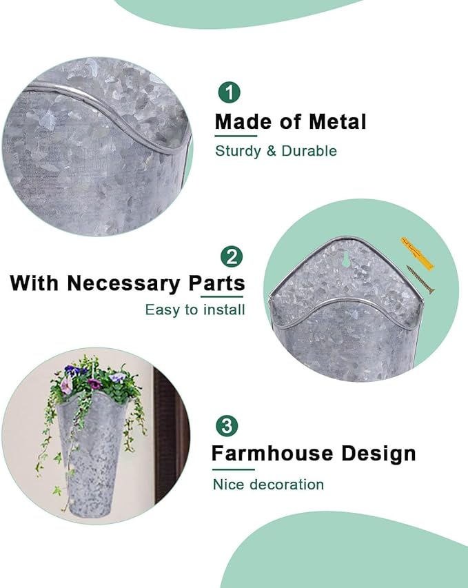 vensovo 12 Inches Galvanized Wall Planters - 2 Packs Metal Tin Vases for Flowers Indoors, Farmhouse Hanging Planter Tall Flower Holder for Country Decor Outdoors, Silver