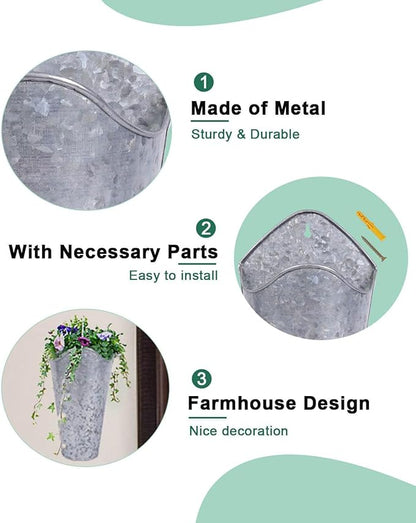 vensovo 12 Inches Galvanized Wall Planters - 2 Packs Metal Tin Vases for Flowers Indoors, Farmhouse Hanging Planter Tall Flower Holder for Country Decor Outdoors, Silver