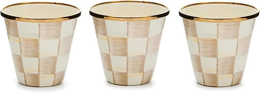 MACKENZIE-CHILDS Enamel Herb Pots, Small Plant Pots for Herbs or Flowers, Set of 3, Brown-and-White Mocha Check