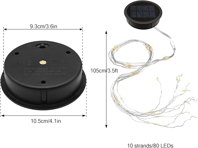 VOOKRY Watering Can Solar Lights Replacement Top - 1 Pack 3.6in Round Solar Panel with 3.5Ft 80 LED Flashing String Lights, Outdoor Waterproof Lantern Decorative Battery Box Replacement Accessories