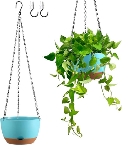 Set of 2 8 Inch Self Watering Hanging Planters for Indoor Outdoor Plants, Color Blocking Hanging Baskets Flower Pots with Drainage Hole & Removable Water-Storage Tray