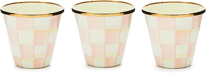 MACKENZIE-CHILDS Enamel Herb Pots, Small Plant Pots for Herbs or Flowers, Set of 3, Pink-and-White Rosy Check