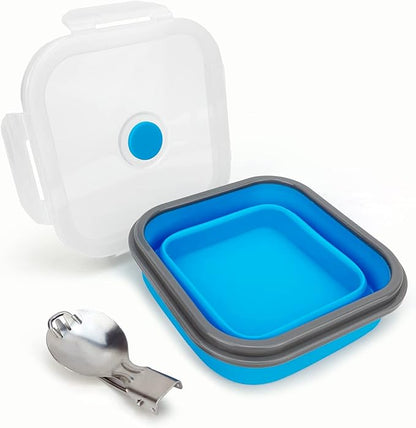CARTINTS 900ml Collapsible Bowl With Plastic Lid for Camping, Silicone Lunch Container Set Includes Foldable Spoon, Space-Saving Travel Food Container, Microwave Freezer Safe, Blue