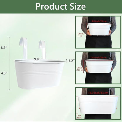 10" Hanging Flower Pots, Pack of 8 White Metal Outdoor Patio Balcony Planter, Railing Planters Fence Pot with Detachable Hook & Drainage Hole for Small Plants (White, 8Pcs)