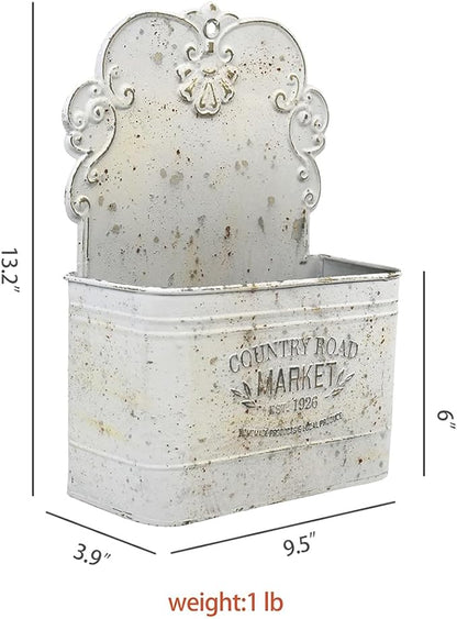 All Chic Set of 2 Metal Hanging Wall Planters Outdoor Indoor Mail Wall Mounted Planter Antique Shabby Chic Wall Decor (White Gold)