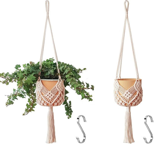 Hanging Planter with Patterns,2Packs Macrame Plant Hangers Indoor Macrame for up to 8 inch Pot Crochet Boho Plant Hanger Holder for Indoor Outdoor with 2S Shaped Stainless Steel Hooks (White)