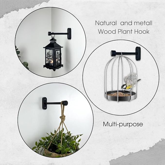 EvenWood 2-Piece Set of Wooden Plant Hooks for Wall with Sturdy Metal Tube - Plant Wall Hanger for Pots, Flower Brackets - Bracket Plant Hanger for Indoor and Outdoor Decorations (Black, 6 Inch)