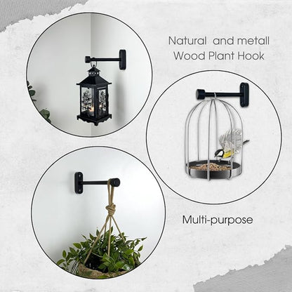 EvenWood 2-Piece Set of Wooden Plant Hooks for Wall with Sturdy Metal Tube - Plant Wall Hanger for Pots, Flower Brackets - Bracket Plant Hanger for Indoor and Outdoor Decorations (Black, 6 Inch)
