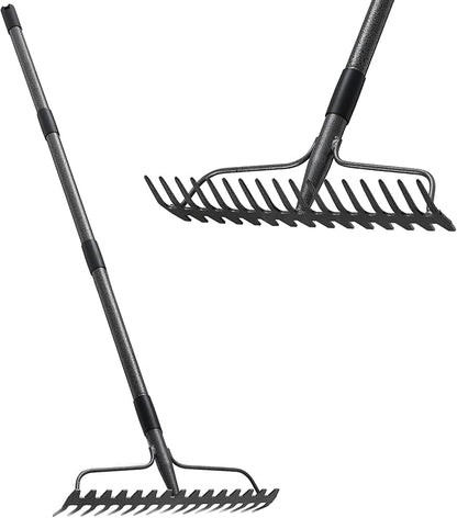 Bow Rakes for Lawns, 17 Prongs 17" Wide Heavy Duty Metal Garden Rake Long Handle 50", Adjustable Rock Yard Thatch Rake for Leaves Gardening Loosening Soil Mulch Gathering Leaf