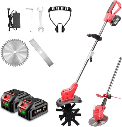 2 in 1 Cordless Tiller Cultivator & Electric Weed Wacker with 20V 2x4.0Ah Batteries & Charger, Electric Garden Tiller 300 RPM, 12-Inch Tilling Width, 8.7-Inch Depth Garden Rototiller