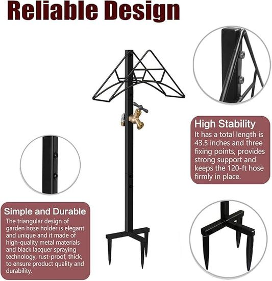 Outdoor Hose Holder Stand with Brass Spigot Faucet - Freestanding Metal Water Pipe Extension Hanger Stake Heavy Duty Storage Organizer for Garden Lawn, Backyard