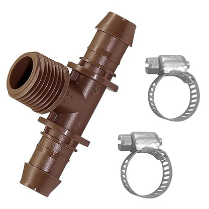 LECTO 1/2" MPT Drip Irrigation Tee Adapter – Fits 1/2" & 5/8" Drip Tubing, Barbed Tee Connector with Stainless Steel Clamps, UV-Resistant (1 Pack)