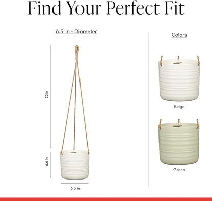 SCHEURICH Set of 2 Silent Green Cottage Ceramic Hanging Plant Pot 6.5" - with 22" Sisal Rope Hanger - Waterproof&Break-Resistant, for Indoor&Outdoor Plants, Succulents&Flowers - Made in Germany -0.7gl