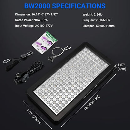 2024 Upgraded BW2000 LED Grow Lights Double Chips Full Spectrum with 10ft Cable for Greenhouse and Indoor Plant Veg and Flower Growing [Black]