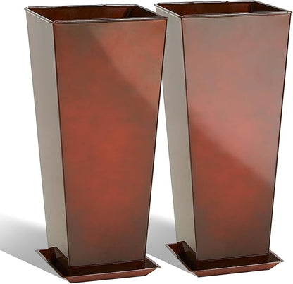 KOL 25''H. Galvanized Steel Planter with Saucer, Tall Glazed Planter Pots for Indoor & Outdoor Use, Set of 2, Decorative Flower Plant Pots with Drainage Hole for Porch, Patio, Deck - Reddish Brown