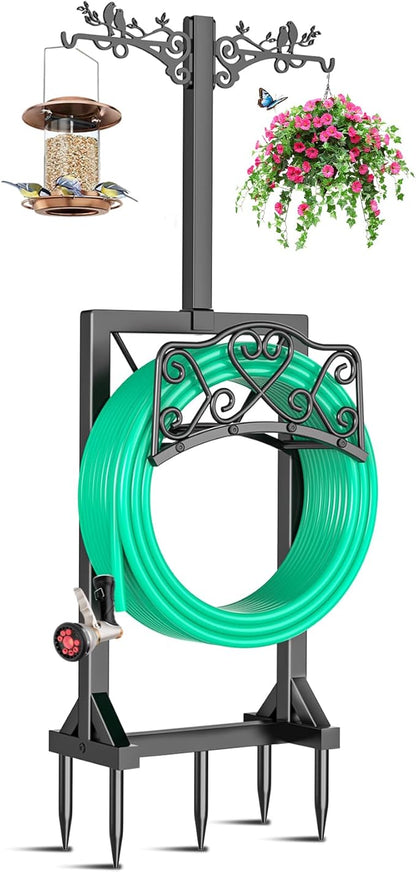 Garden Hose Holder, Freedstanding Heavy Duty Garden Water Hose Holder Stand with 2 Shepherds Hooks, Detachable Metal Hose Storage Hanger Rack for Outside Yard Lawn Farm