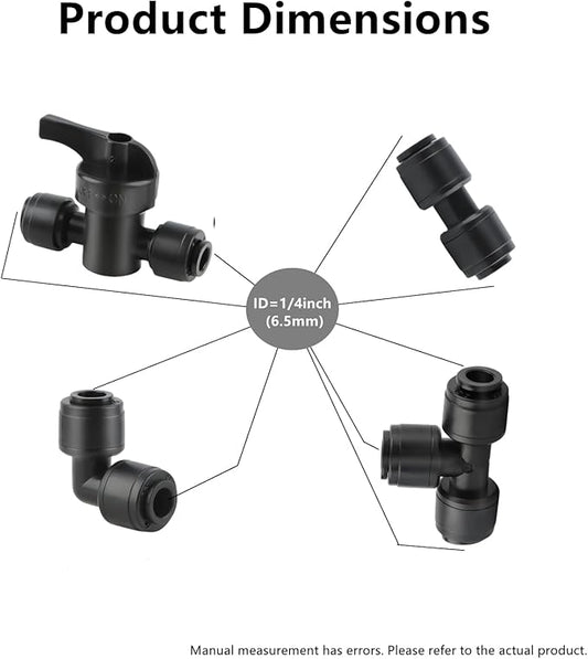 44 Pcs Quick Connect Drip Irrigation Fittings Kit for 1/4" Tubing with 4 Shut Off Valve ，10 Tees, 10 Couplings, 10 Elbows & 10 End Plugs, Anti-Leak Drip Irrigation Parts
