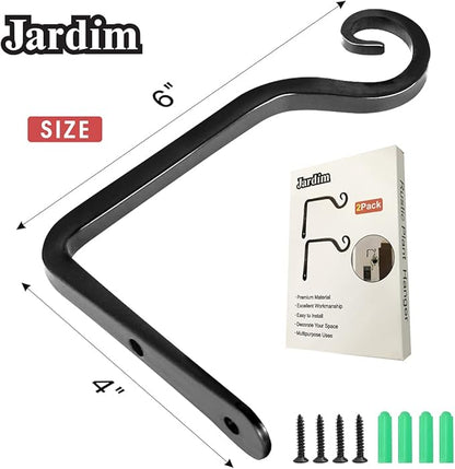 Jardim 2 Pack 6 Inch Premium Decorative Metal Iron Wall Hook, Indoor Outdoor Plant Hanger, Rustic Hanging Gardening Bracket Hook, for Planters, Bird Feeders, Lanterns, Wind Chimes (Black)