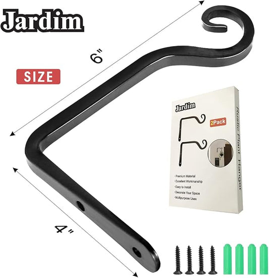 Jardim 2 Pack 6 Inch Premium Decorative Metal Iron Wall Hook, Indoor Outdoor Plant Hanger, Rustic Hanging Gardening Bracket Hook, for Planters, Bird Feeders, Lanterns, Wind Chimes (Black)