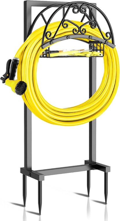 Garden Hose Holder Hanger Freestanding, Upgraded 4 Spikes Heavy Duty Storage Reel Stand with Storage Basket, Holds 150ft Hose for Outside Garden Yard Lawn vegetable patch