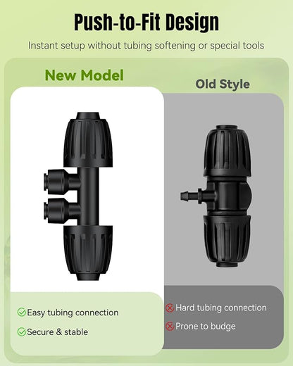 Pawfly 12 Pcs 1/2'' to 1/4'' Drip Irrigation Fittings, 4-Way Barbed Tee Quick Connectors with Anti-Drop Locked Nuts, Push-to-Fit Drip Irrigation Parts for Garden Lawn, Anti-Leak Reducing Tees