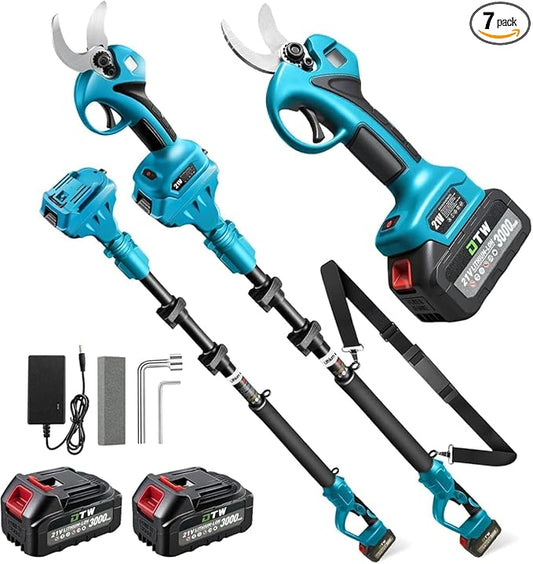 Electric Pruning Shears with Pole 1.4-2.0 Cutting Diameter & 2-IN-1 Electric Pole Pruner,2PCS 21V 3.0Ah Batteries,Brushiless Motor,4 Modes Adjustable Branches Cutter for Flower, Tree Trimming(Blue)
