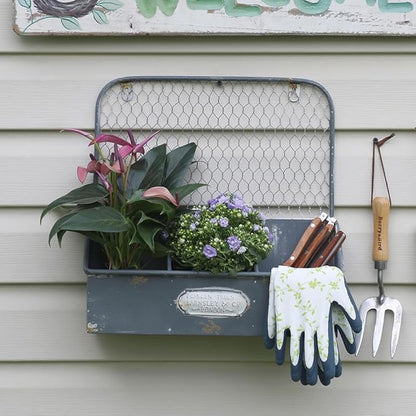 Vintage Metal Hanging Flower Pot Rustic Wall Mounted Planter with 3 Compartment Farmhouse Plants Holder Succulents Tubs for Garden Railing Fence Patio Yard Outdoor Decor Blue