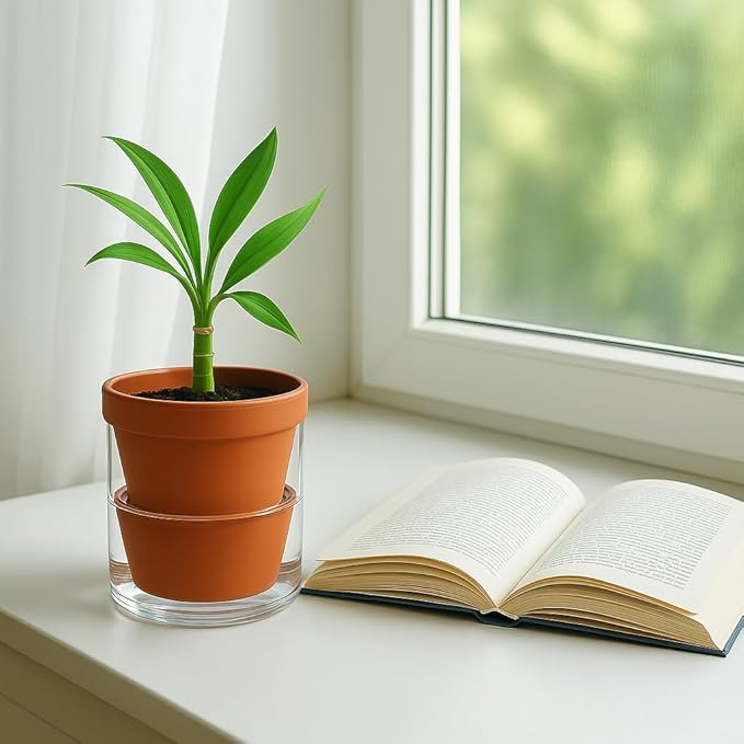 D'vine Dev 4 Inch Design Self Watering Pot for Indoor Plants, Terracotta Planter with Cylinder Glass Cup, Set of 3, 37-Z-A-1-T