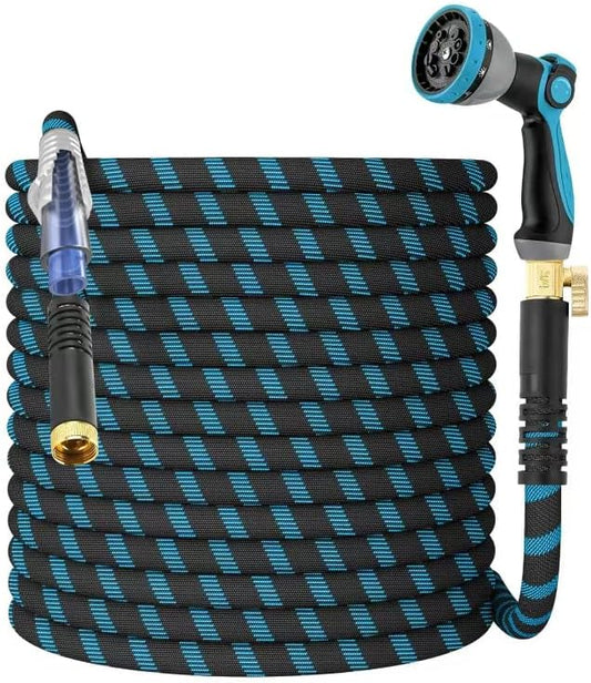 Non-Expanding Garden Hose 100ft,flexible, lightweight hose is resistant to kinks and tangles.With 10-way nozzle, strong 3/4” metal fittings, and a shut-off valve.